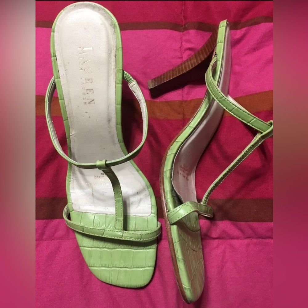 Lauren Ralph Lauren Ariel T-strap Heels Size 8.5 B Embossed Croc Leather Green
